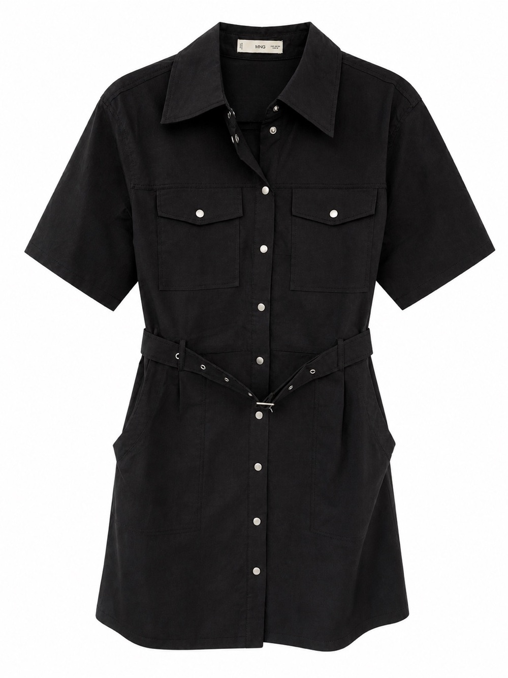 Mango Black Button-Front Belted Shirt Mini Dress